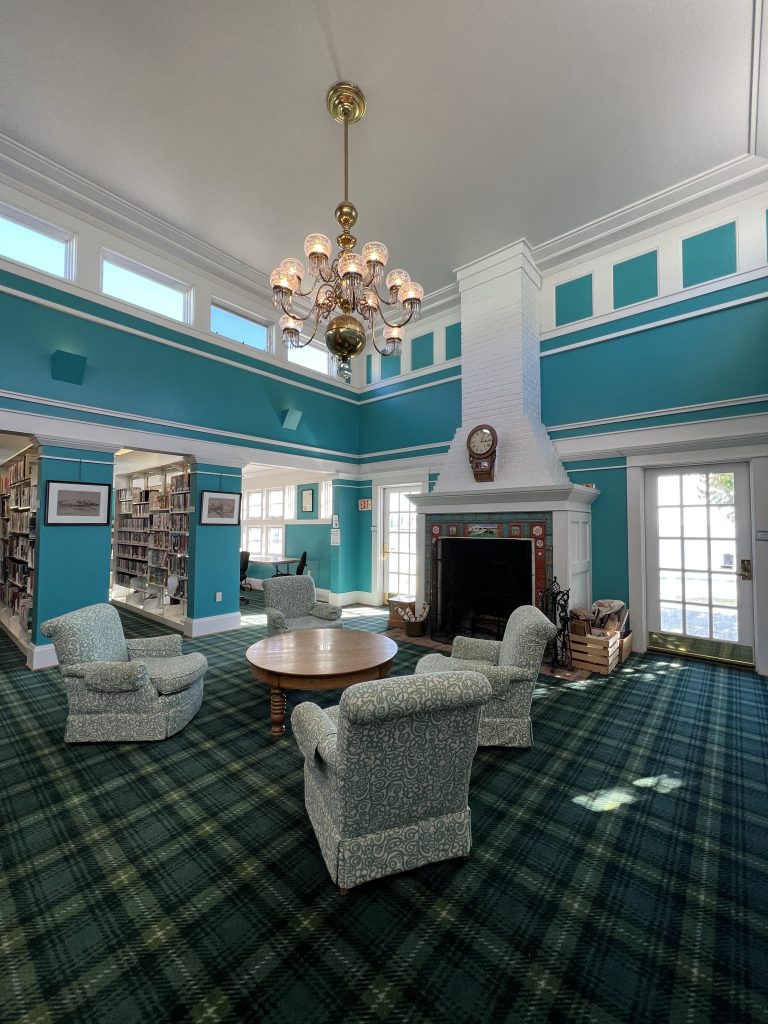 Fireplace and seating area inside Mackinac Island Public Library, Mackinac Island MI