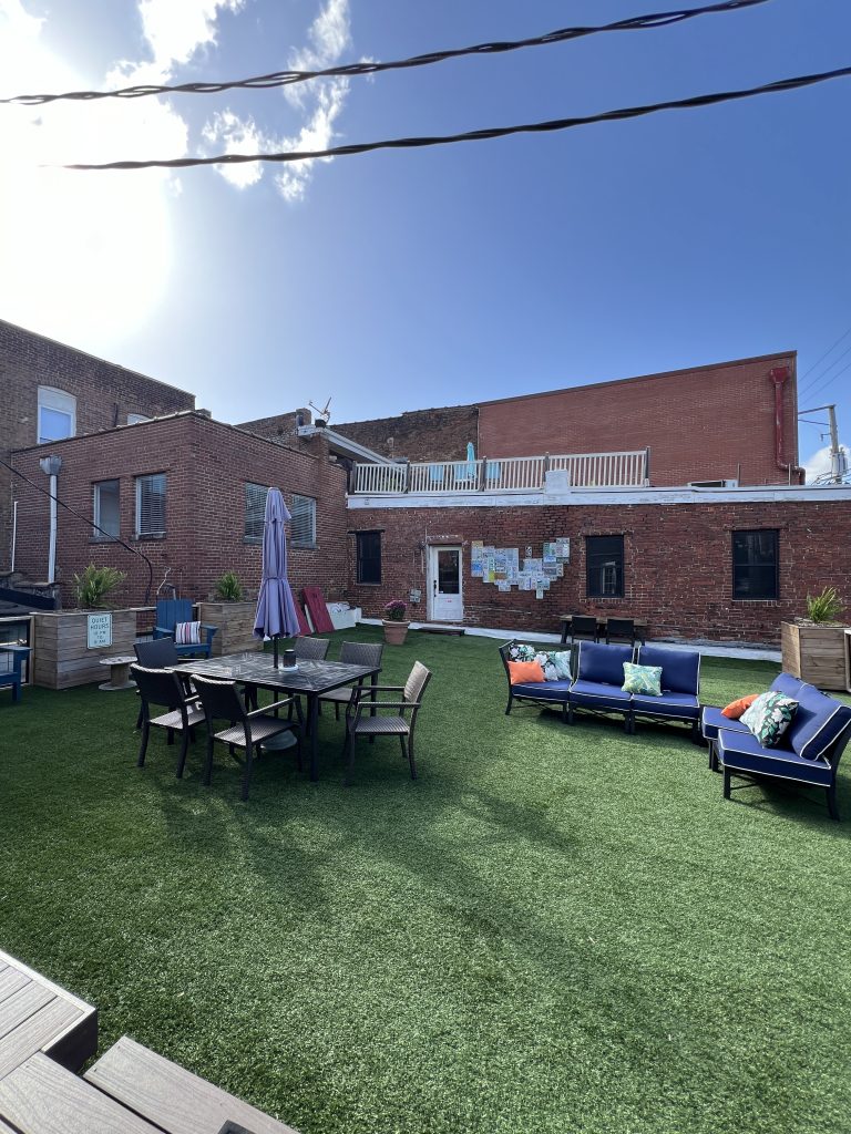 Rooftop entertainment area in Downtown loft vacation rental, New Albany, IN